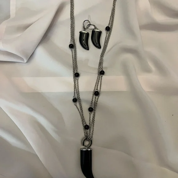 NWOT - Black Tusk Earrings & Stainless Steel Silver Necklace with Huggie & Tusk - Picture 12 of 12